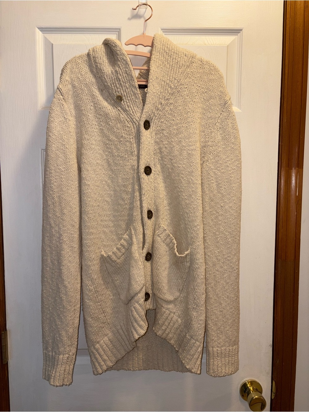 Banana Republic Cardigan Men’s Collar Slub Button Down Large Beige Cream Cotton
